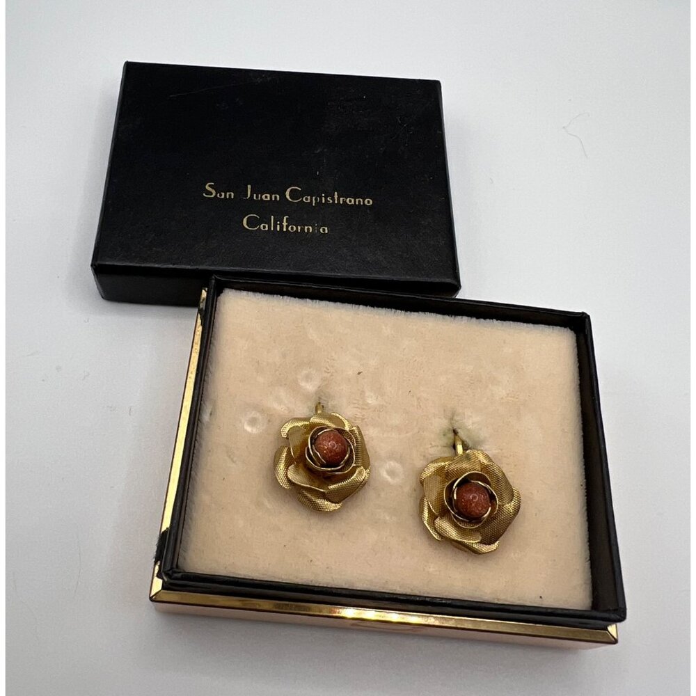 Vintage‎ 1970s Gold Rose Stud W Glitter Brown Stone Clip On Earrings MCM Jewelry